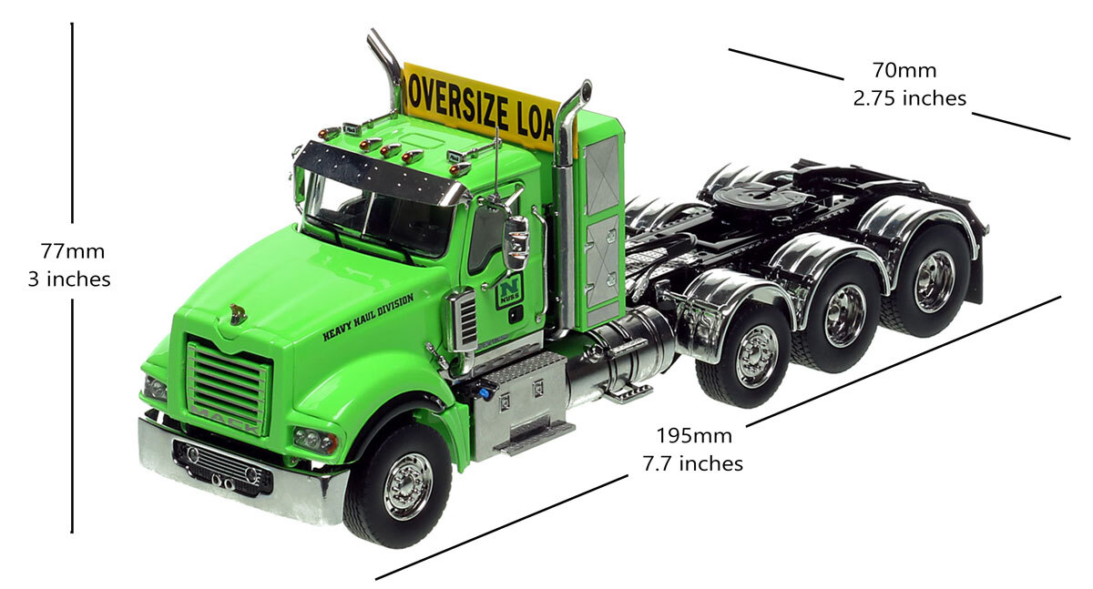 Dimensions of the 1:50 scale Nuss Truck & Equipment 2014 Mack Titan Tri-axle Tractor