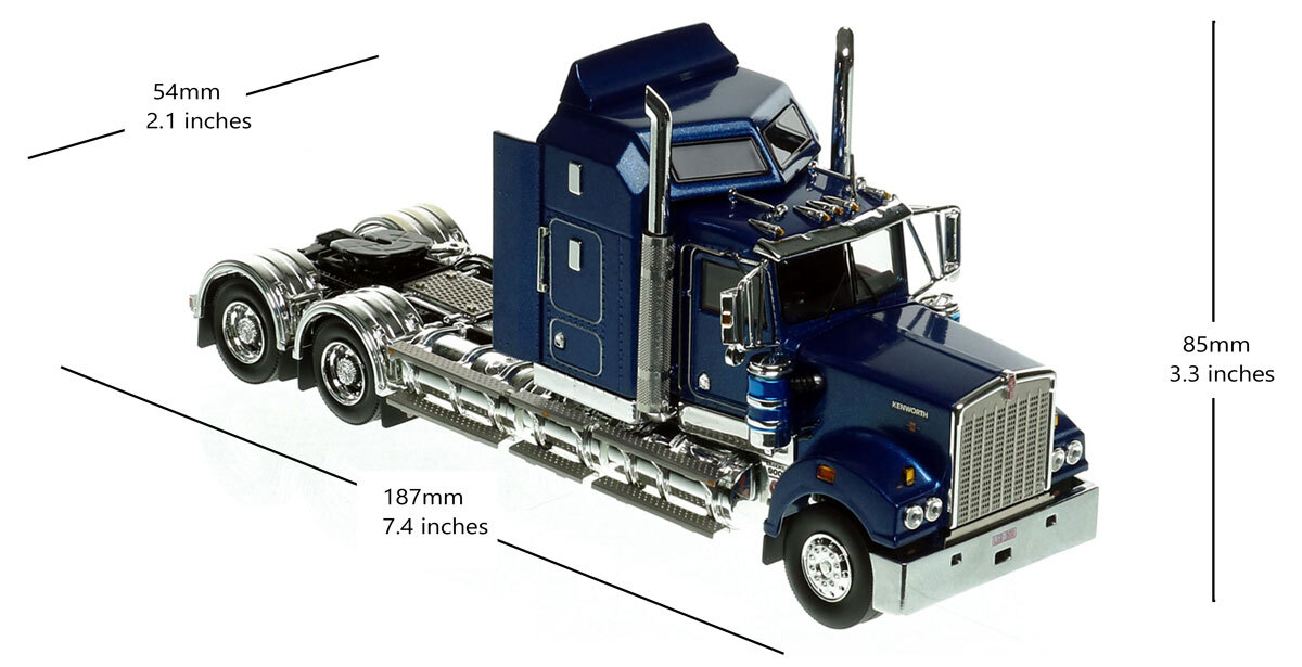 Dimensions of 1:50 scale model of Kenworth T900 Tandem Axle Tractor - Metallic Blue AU