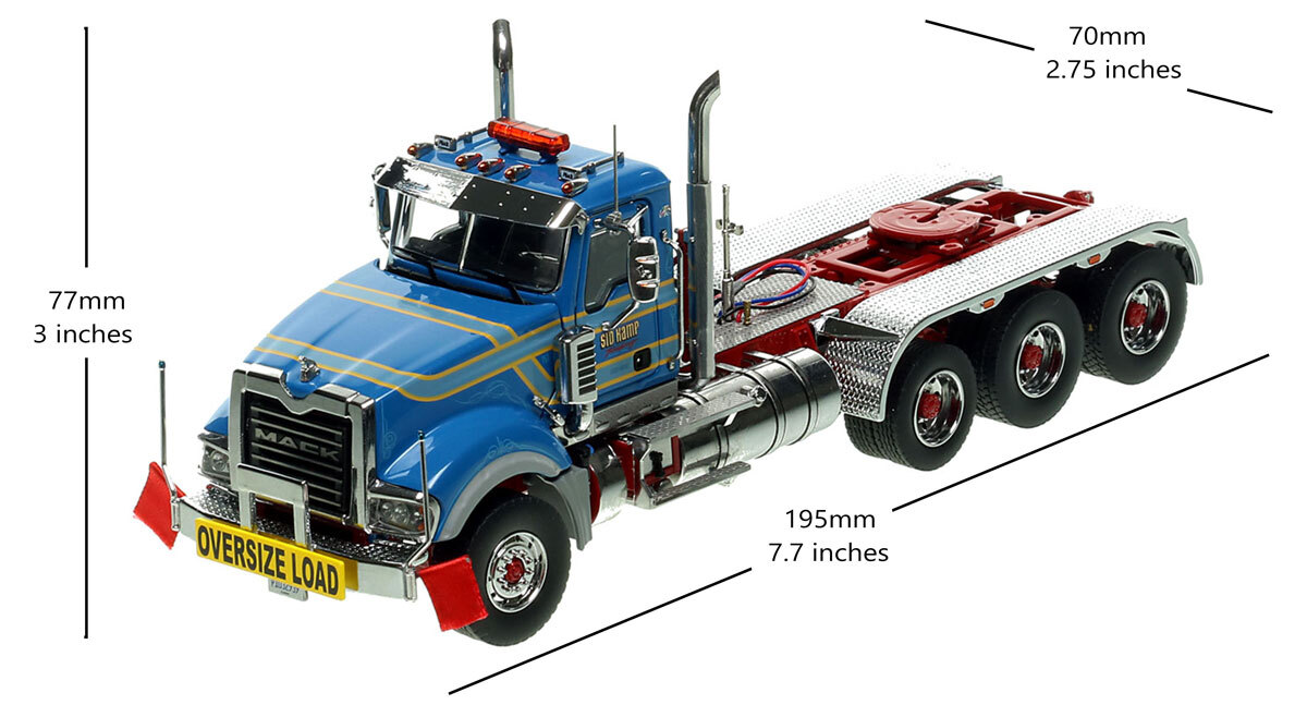 Dimensions of the 1:50 scale Sid Kamp Trucking 2018 Mack Titan