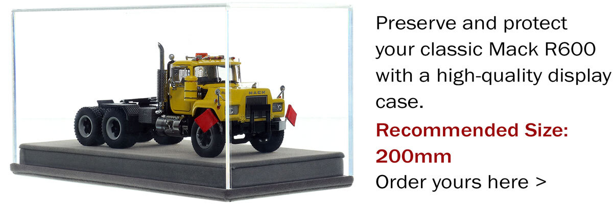 Display case for 1:50 scale diecast model of Mack R600 Tandem Axle Tractor - Yellow 1021 over Black