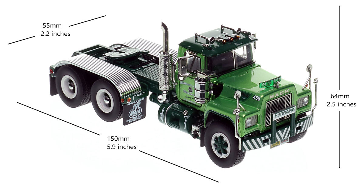 Dimensions of 1:50 scale model of Aggregate & Cement Trucking 1989 Mack R688ST tandem axle tractor