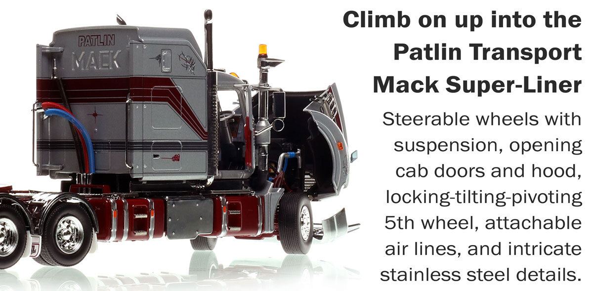 Functions of 1:50 scale model of Mack Super-Liner Tandem-Axle Sleeper - Patlin Transport AU