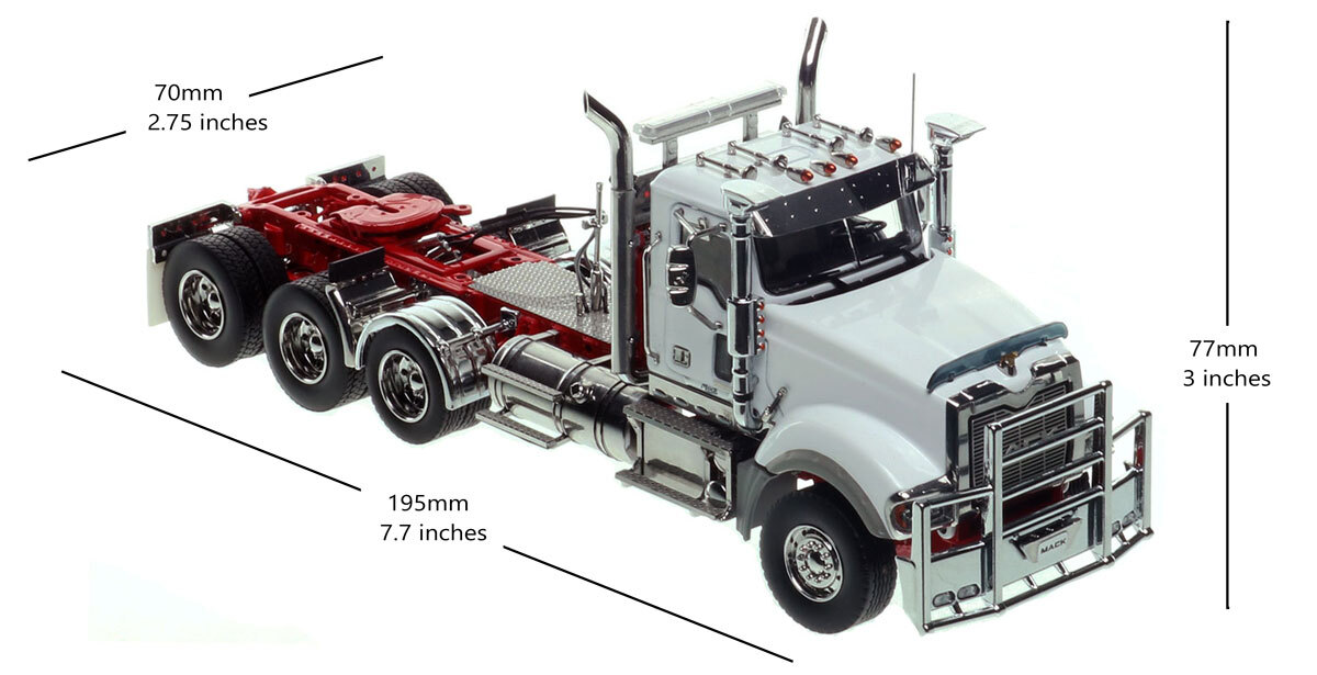 Dimensions of 1:50 scale Mack Titan Tri-axle Tractor - White over Red