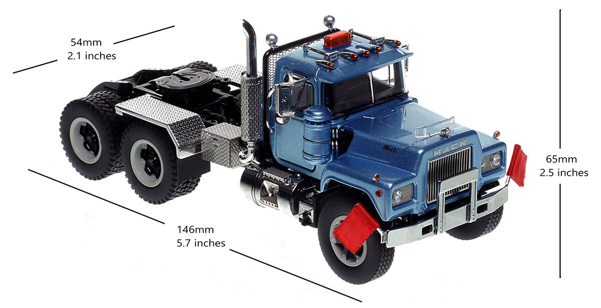 dimensions of Mack R600 Tandem Axle Tractor - Metallic Light Blue