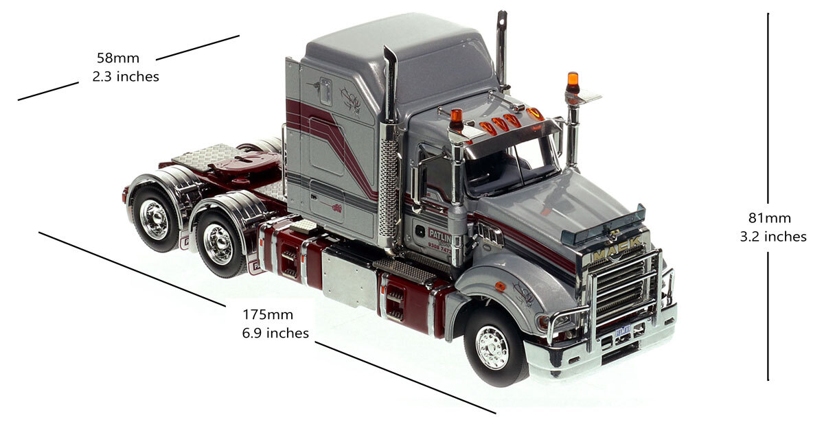 Dimensions of 1:50 scale model of Mack Super-Liner Tandem-Axle Sleeper - Patlin Transport AU
