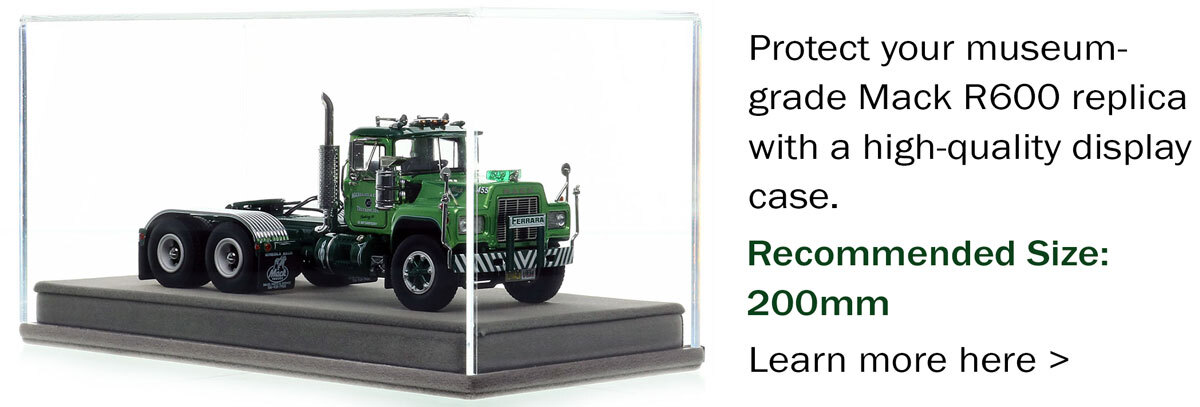Display case for 1:50 scale model of Aggregate & Cement Trucking 1989 Mack R688ST tandem axle tractor