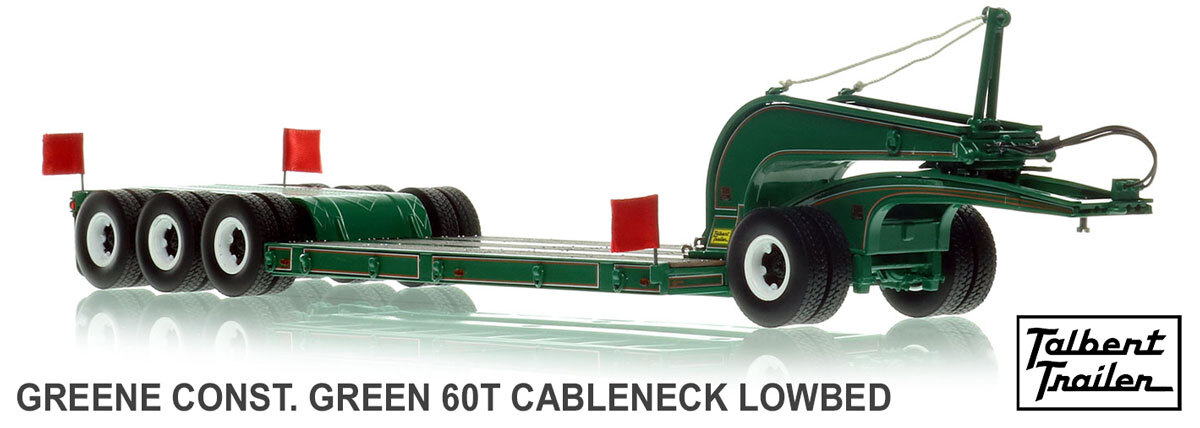 1:50 scale model of 1960s Talbert 60-Ton Cableneck Lowbed with Single-Axle Dolly - Greene Const. Green
