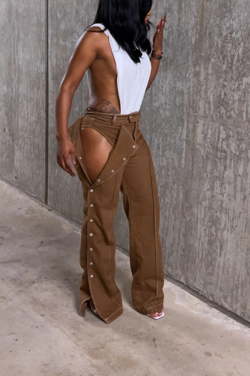 Statement Side Cutout Button-Up Wide-Leg Trousers