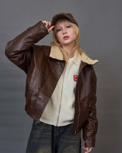 Shearling Collar Leather Jacket SL0066