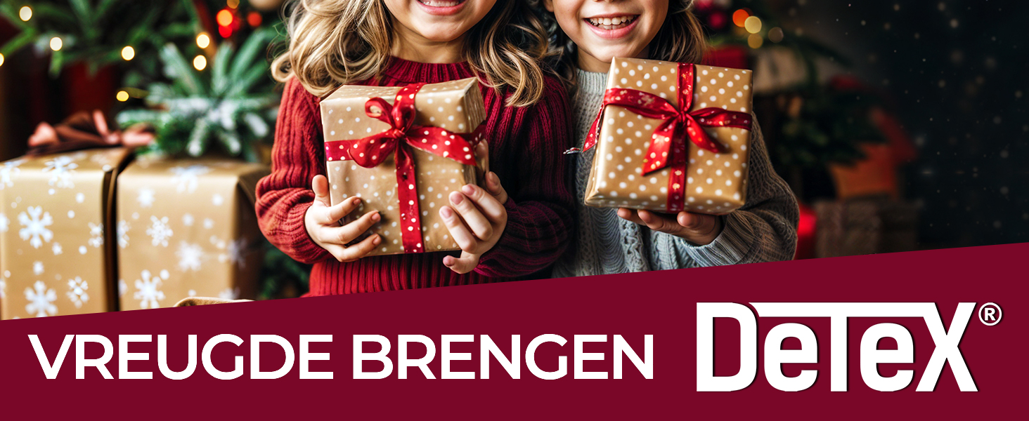 Two people holding multiple wrapped gift boxes. Text at bottom reads 'VREUGDE BRENGEN Detex'.