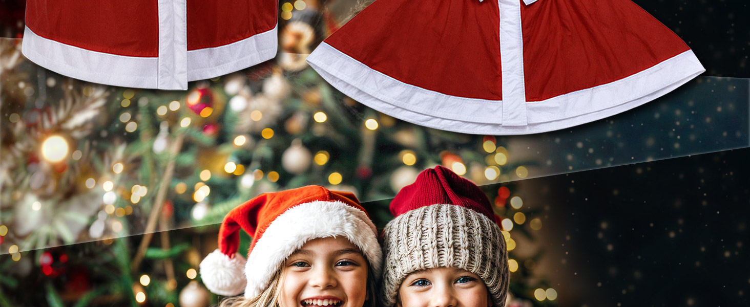 Partial view of two people wearing Christmas hats, with festive decorations and lights visible in the background.