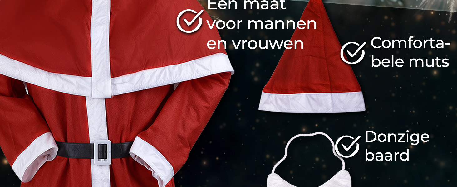 Close-up detail of red and white Santa Claus costume with Dutch text overlay indicating features like comfort and beard.