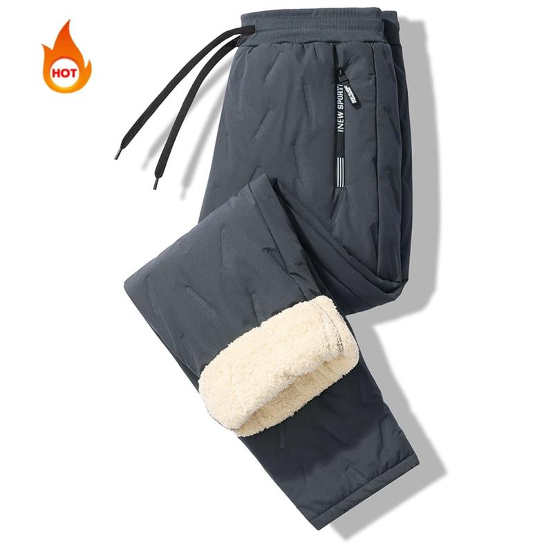 Men's Solid Color Zipper Pocket Thermal Lined Pants Regular Fit Casual Comfy Waterproof Drawstring Waist Warm Trousers for Fall & Winter Fleece Menswear Small Socks Activewear Athletic Beige Plain Sport Sportswear Sports Clothes Esports Esports Menswear