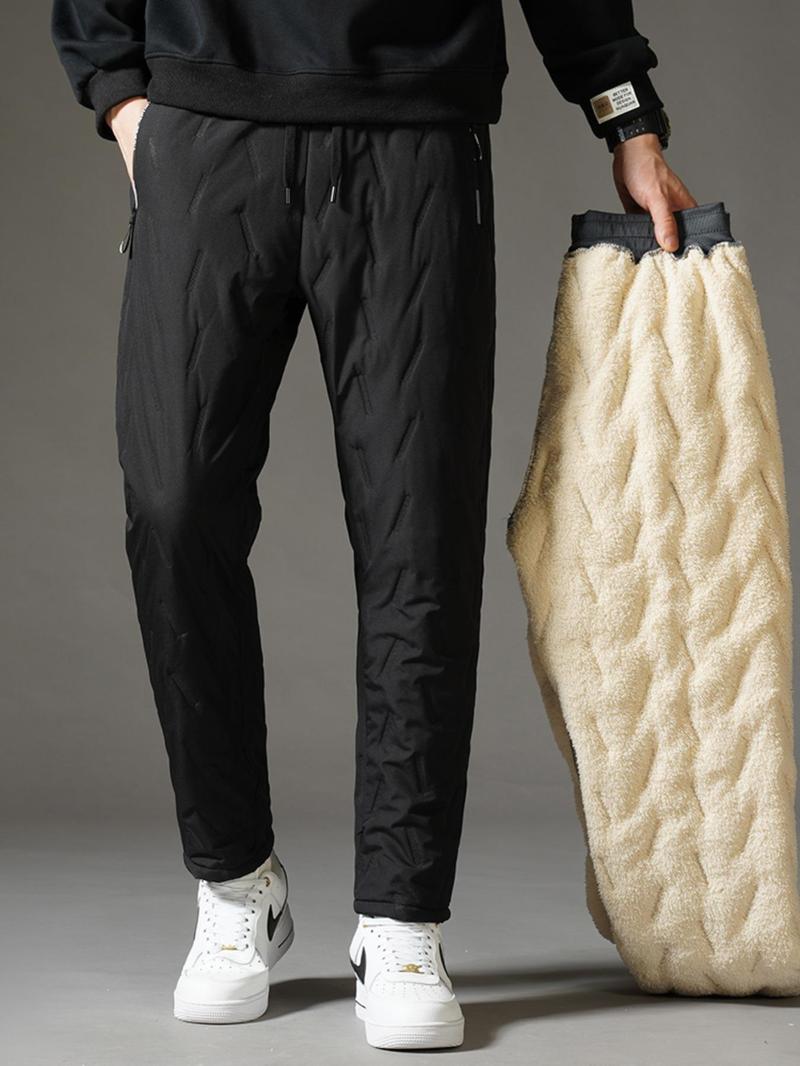 Men's Solid Color Zipper Pocket Thermal Lined Pants Regular Fit Casual Comfy Waterproof Drawstring Waist Warm Trousers for Fall & Winter Fleece Menswear Small Socks Activewear Athletic Beige Plain Sport Sportswear Sports Clothes Esports Esports Menswear