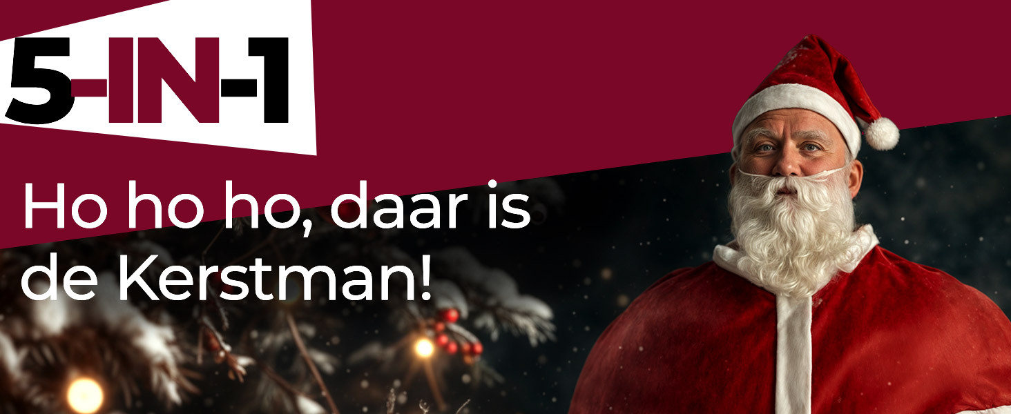 Promotional image with text '5-IN-1' and 'Ho ho ho, daar is de Kerstman!' featuring a person in a red Santa Claus costume.