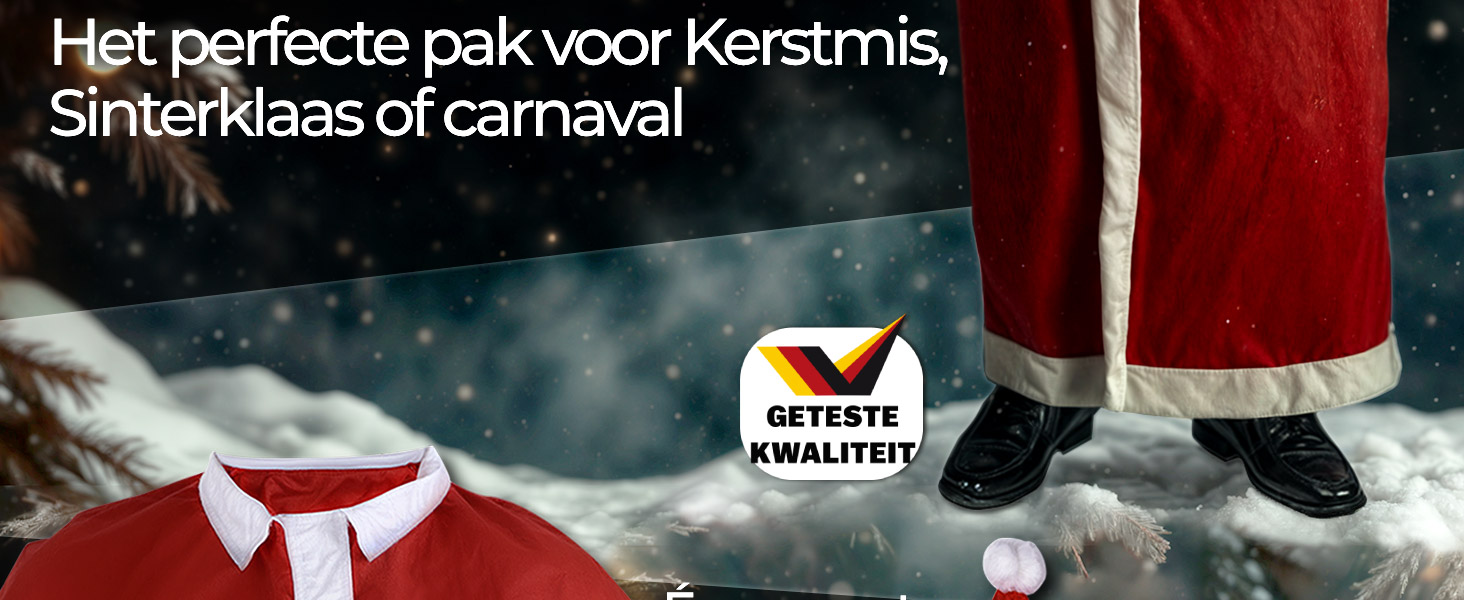 Partial view of traditional red Santa Claus outfit with white trim, shown against snowy background with Dutch text overlay.