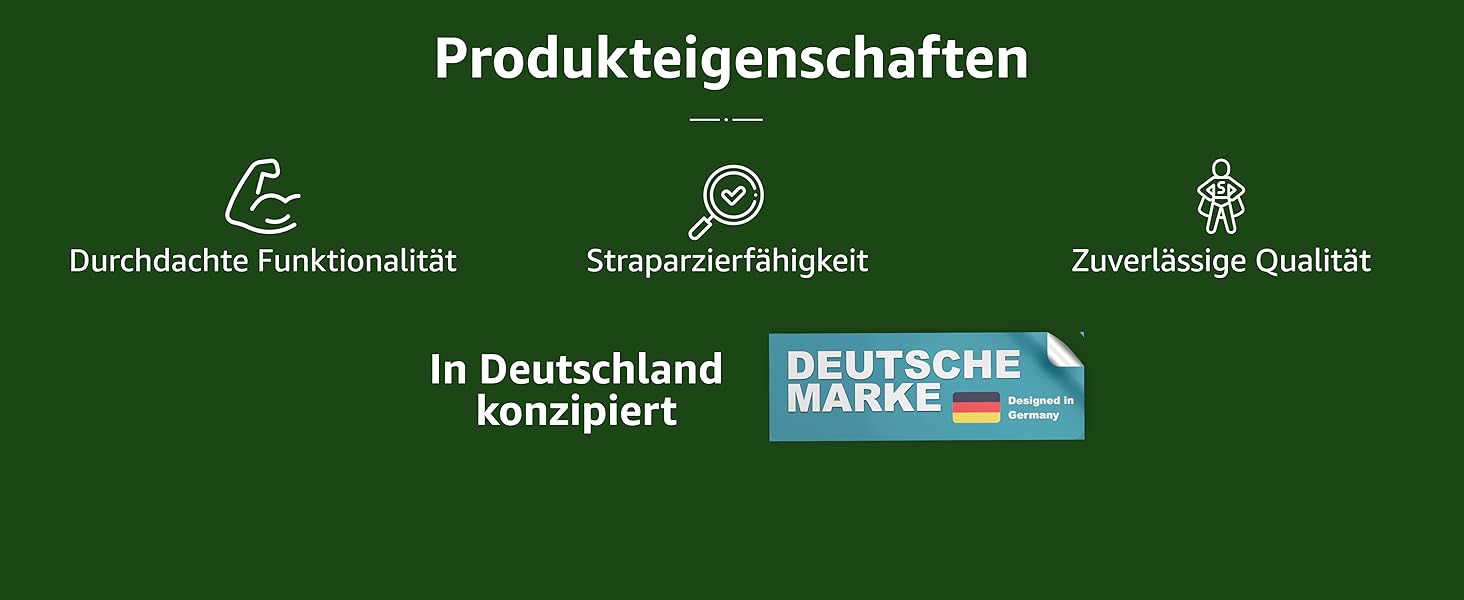 Afbeelding van productkenmerken in het Duits met drie pictogrammen die staan voor functionaliteit, duurzaamheid en kwaliteit, met een 'Made in Germany'-certificeringsbadge op groene achtergrond