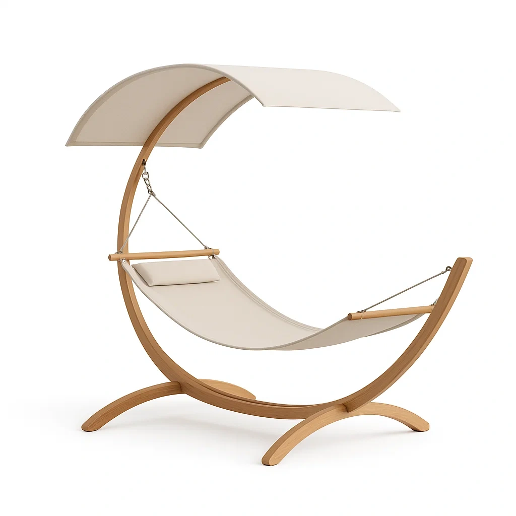 Amaca curva in legno di pino con tettuccio in poliestere beige