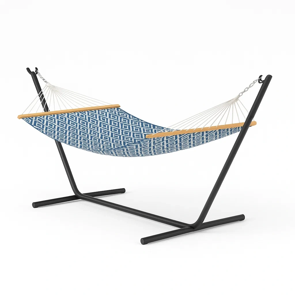 Amaca per esterno in metallo e cotone blu e bianco con supporto