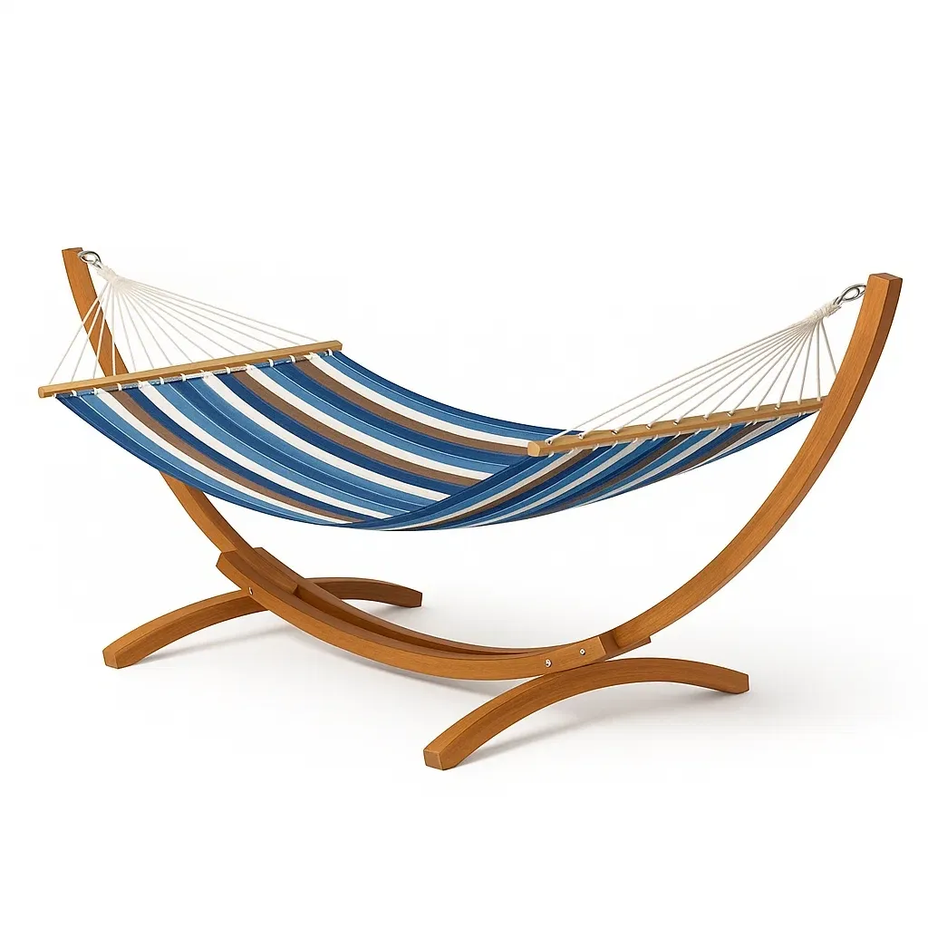 Amaca per esterno con supporto in legno e telo in poliestere blu/bianco