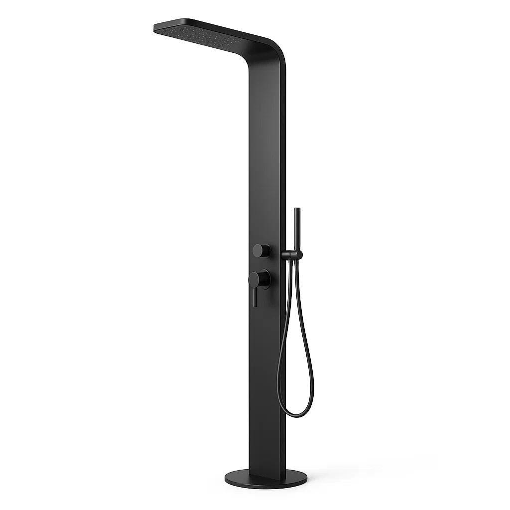 Doccia freestanding in acciaio inox nero con soffione rettangolare