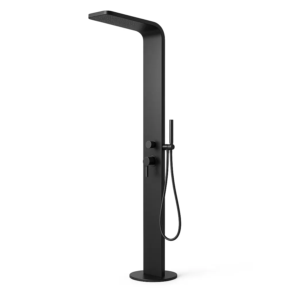 Doccia freestanding in acciaio inox nero con soffione rettangolare