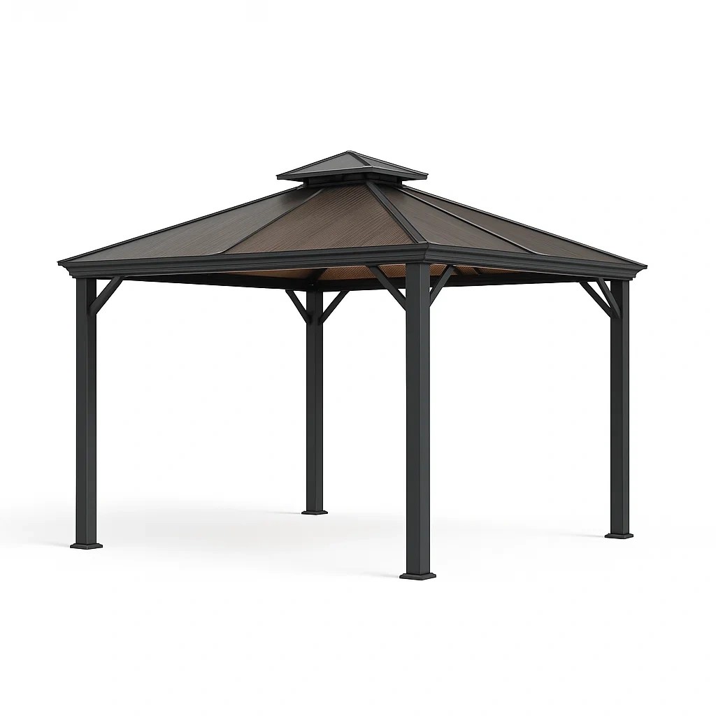 Gazebo in metallo con tetto in policarbonato marrone