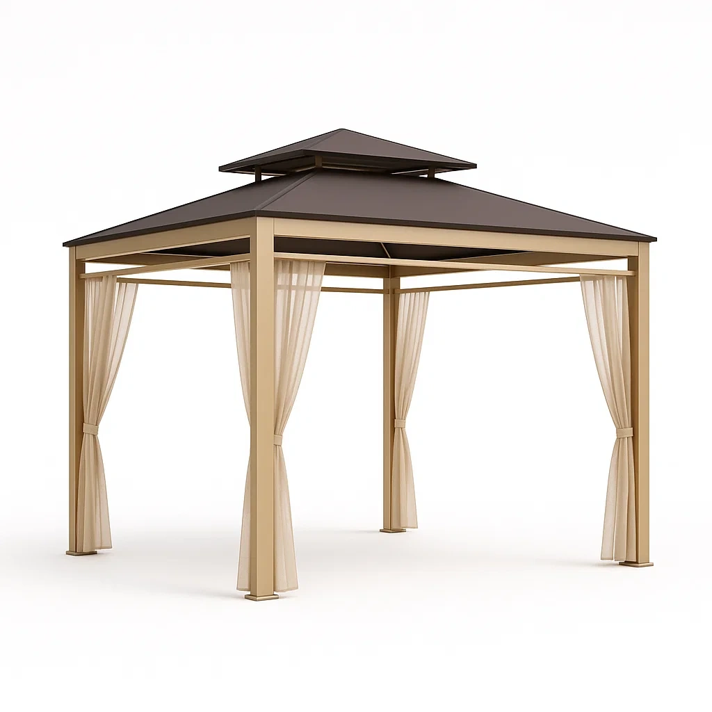 Gazebo in alluminio con tetto in acciaio e tende in poliestere