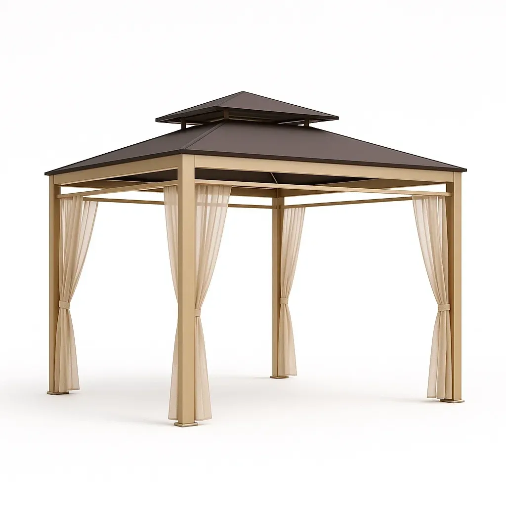 Gazebo in alluminio con tetto in acciaio e tende in poliestere