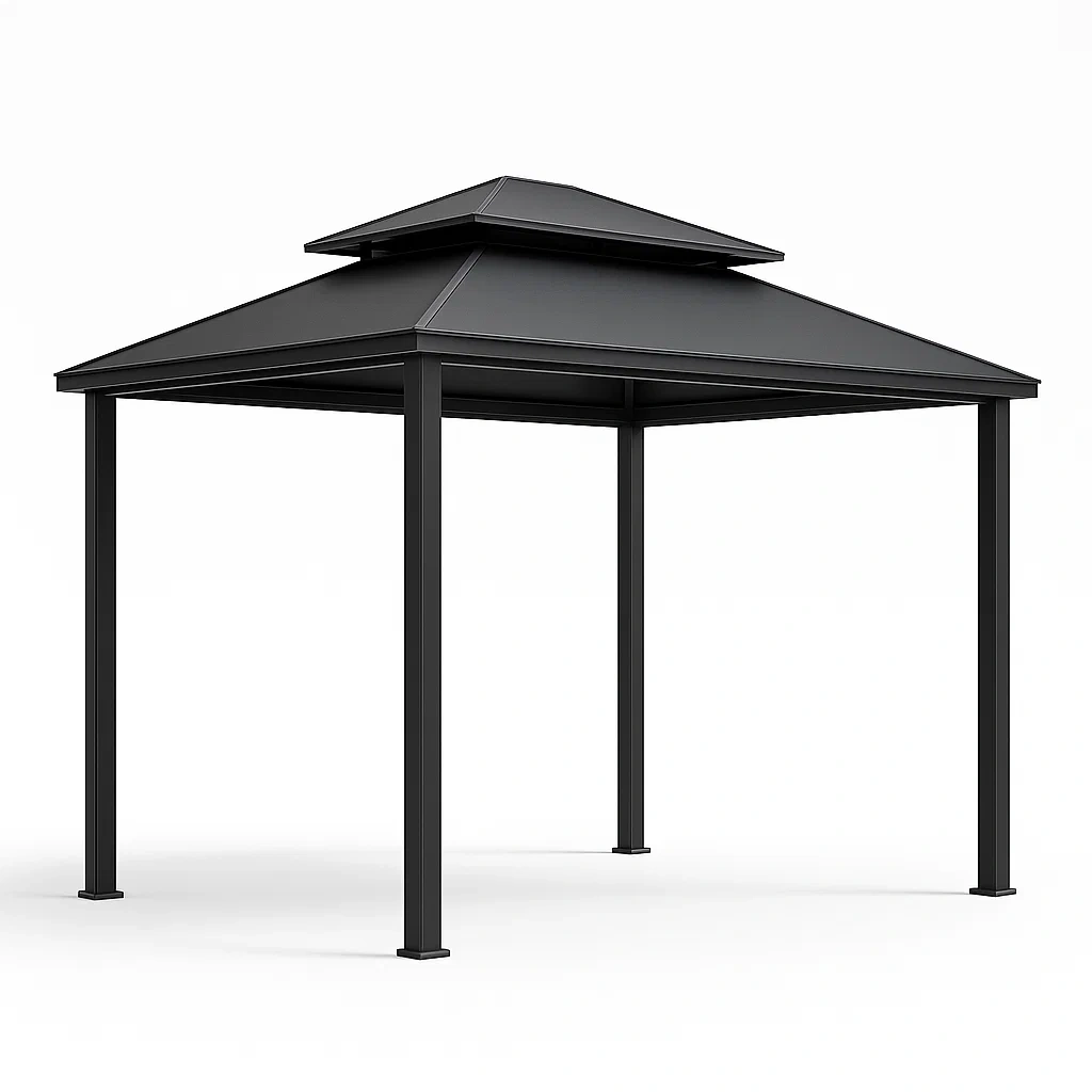 Gazebo in alluminio nero con tetto in acciaio