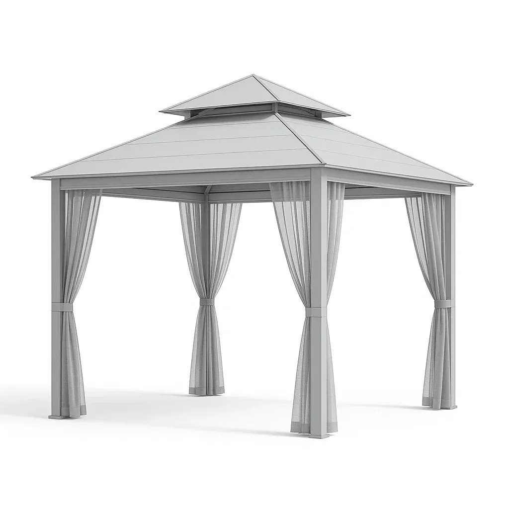 Gazebo quadrato in metallo con tende in poliestere grigio