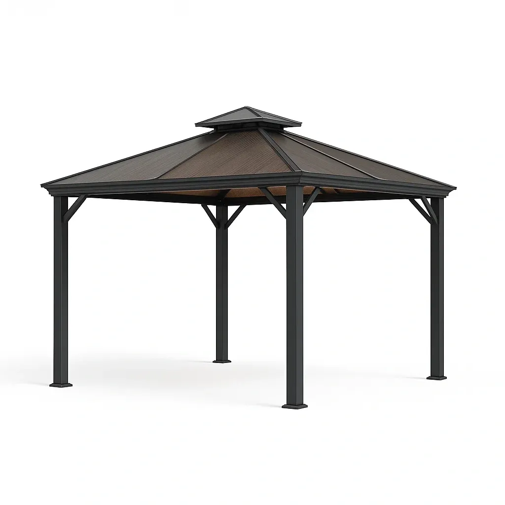 Gazebo in metallo con tetto in policarbonato marrone