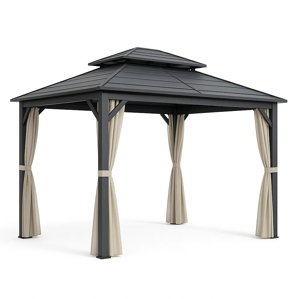 Gazebo in alluminio con tettoia doppia e tendaggi