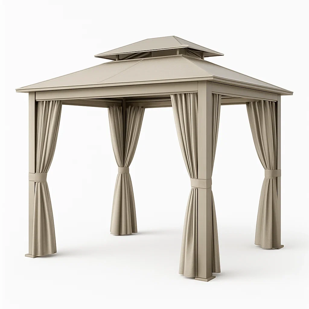 Gazebo rettangolare in acciaio con tetto a due livelli e tende