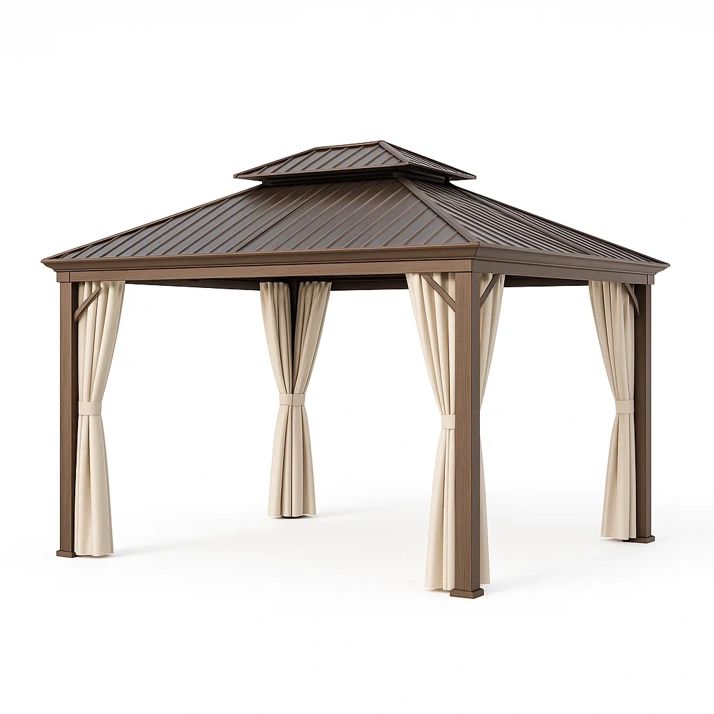 Gazebo in metallo con tetto e tende in poliestere marrone/crema