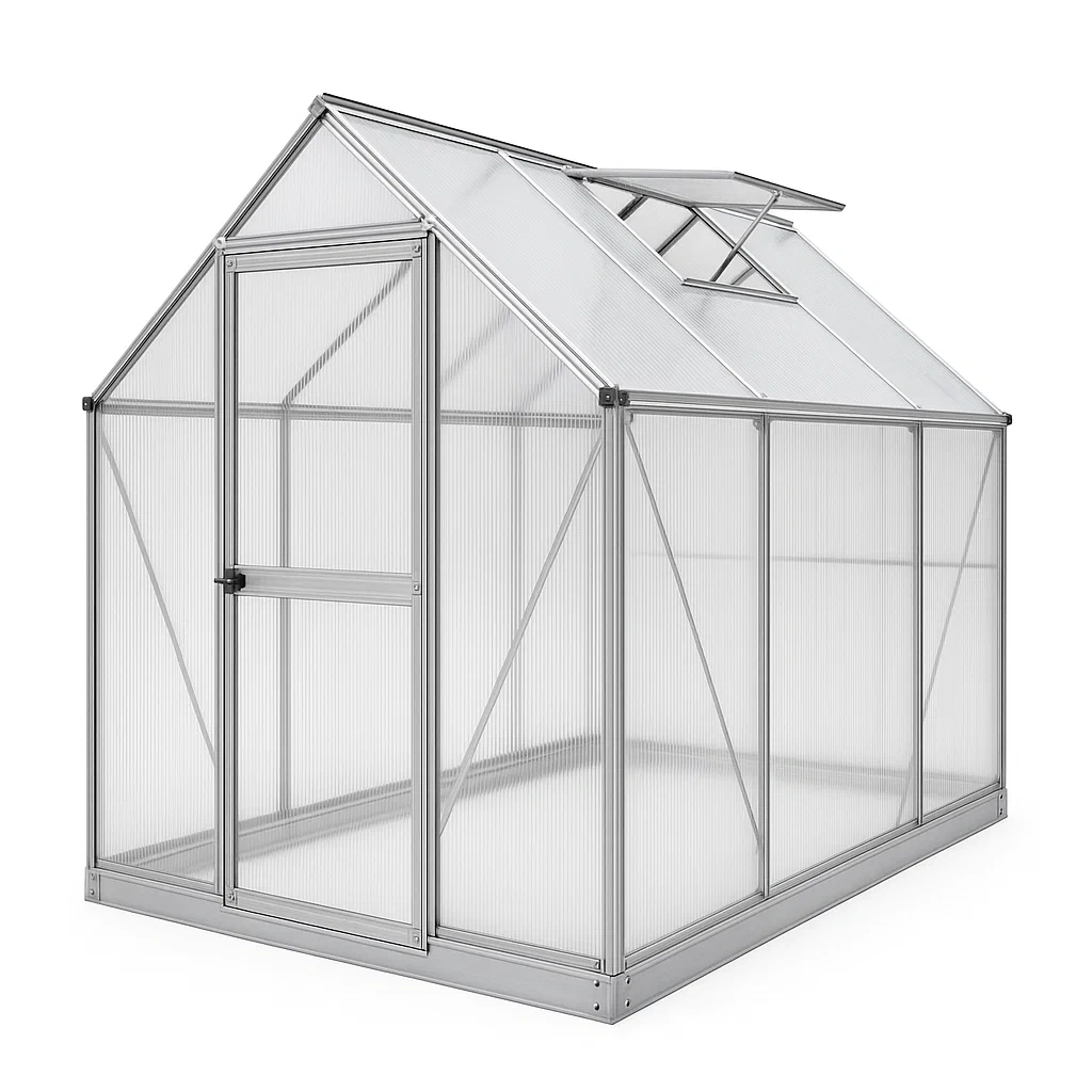 Serra in alluminio e policarbonato con tetto a spiovente