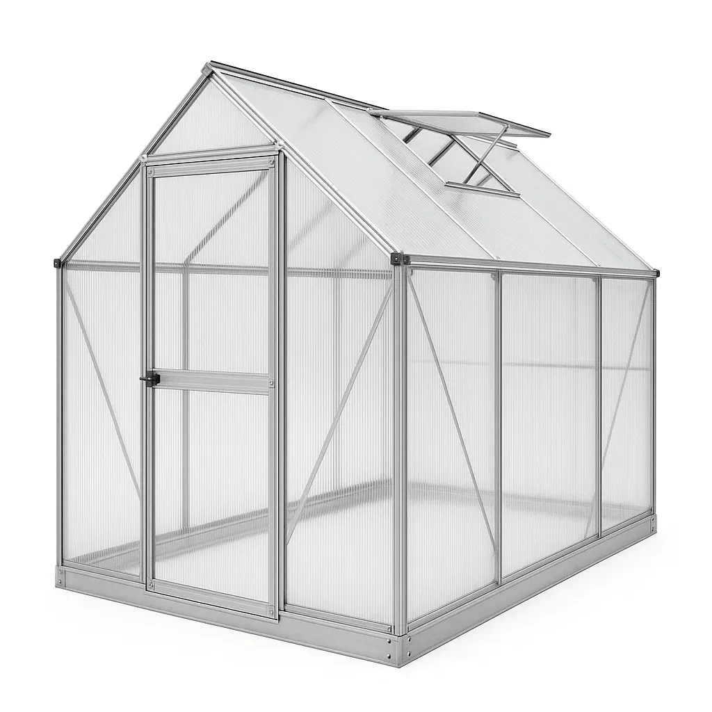 Serra in alluminio e policarbonato con tetto a spiovente