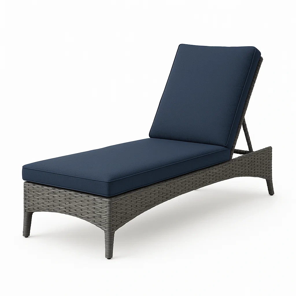 Lettino prendisole in rattan con cuscino blu regolabile