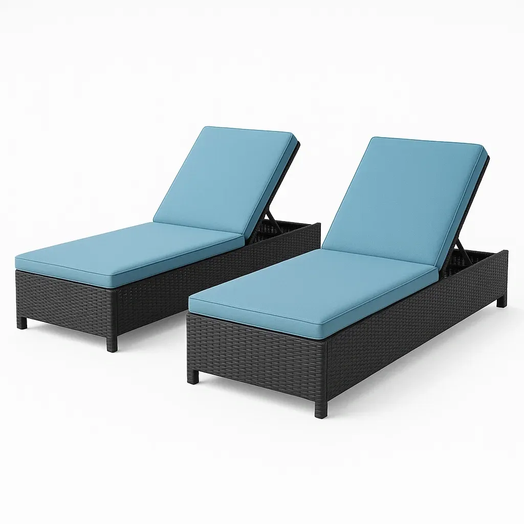 Lettini prendisole in polyrattan con cuscini turchesi set da 2