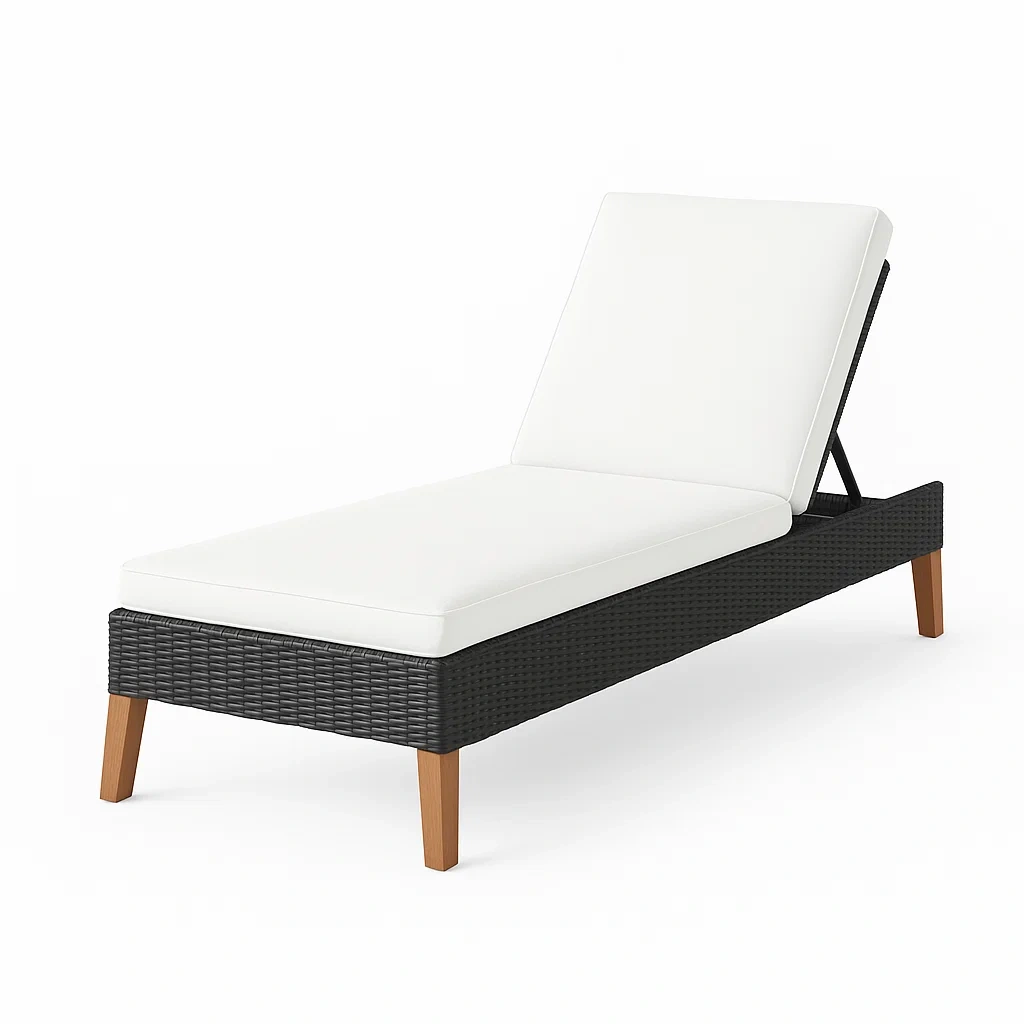 Lettino prendisole regolabile in rattan PE nero con cuscino bianco