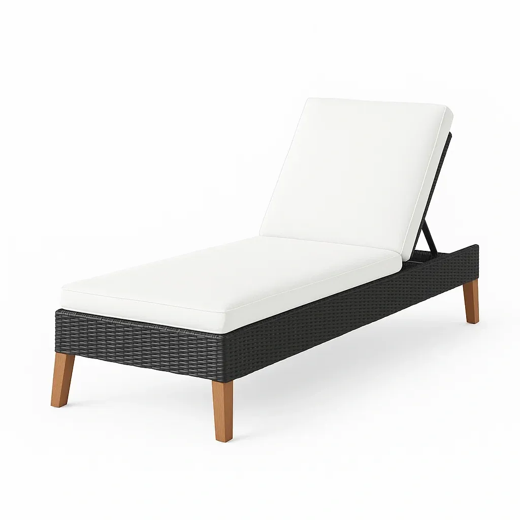 Lettino prendisole regolabile in rattan PE nero con cuscino bianco