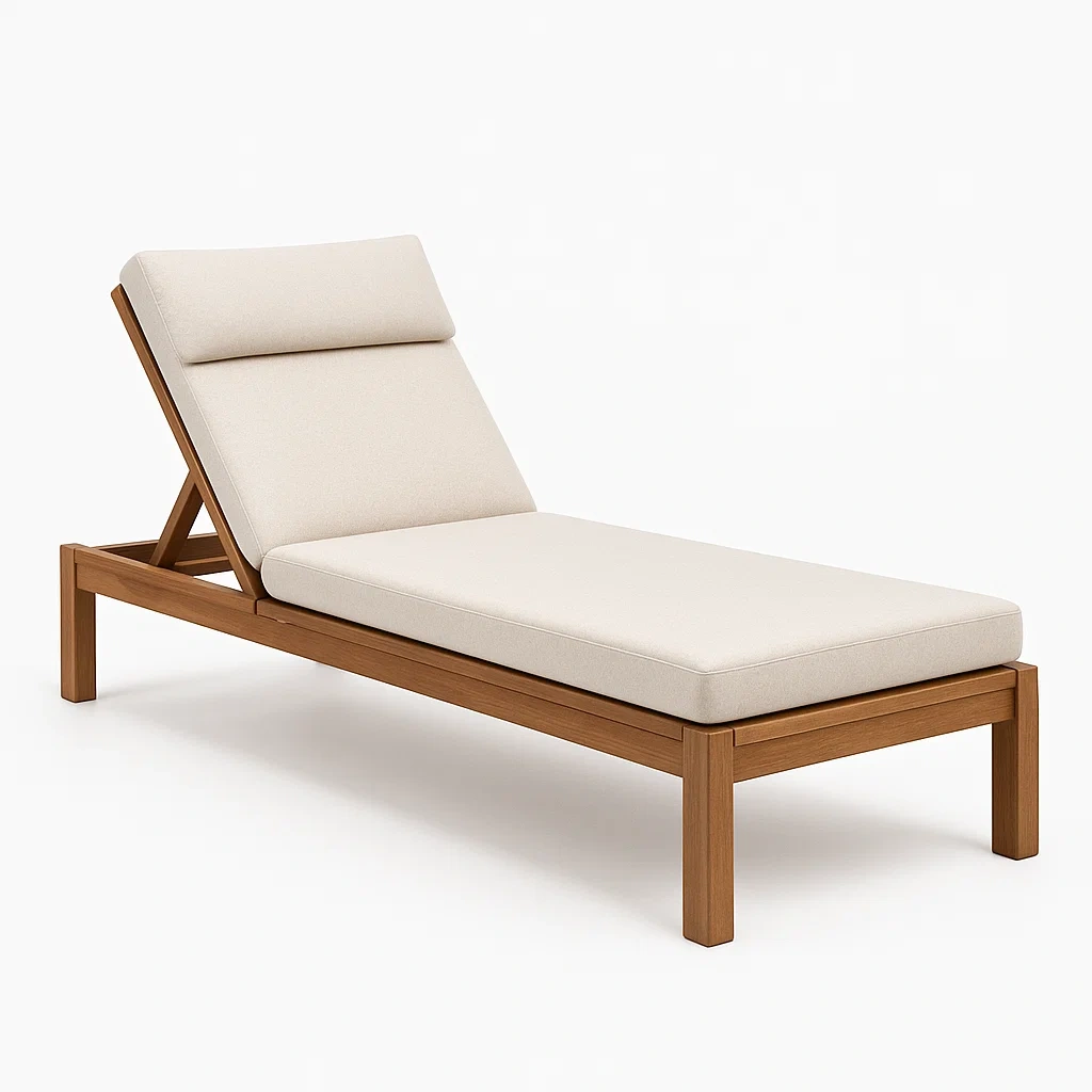 Lettino prendisole in teak con cuscino in poliestere beige