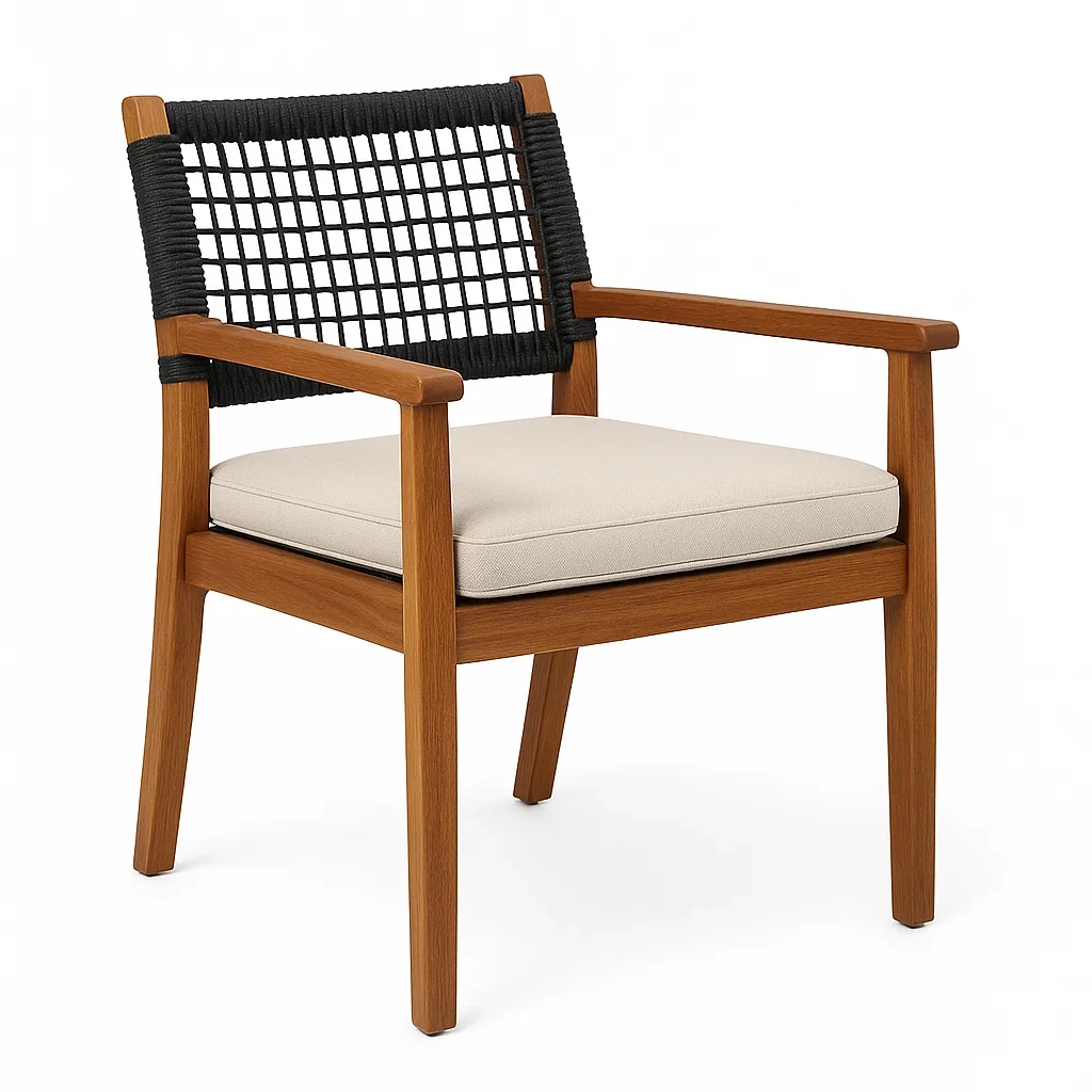 Poltrona da esterno in legno massello con schienale in corda e cuscino in tessuto