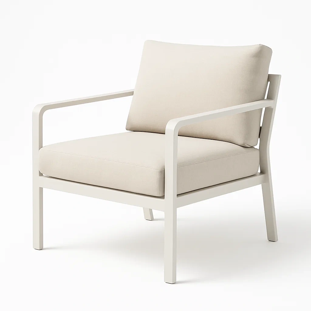 Poltrona in alluminio con cuscini in tessuto beige