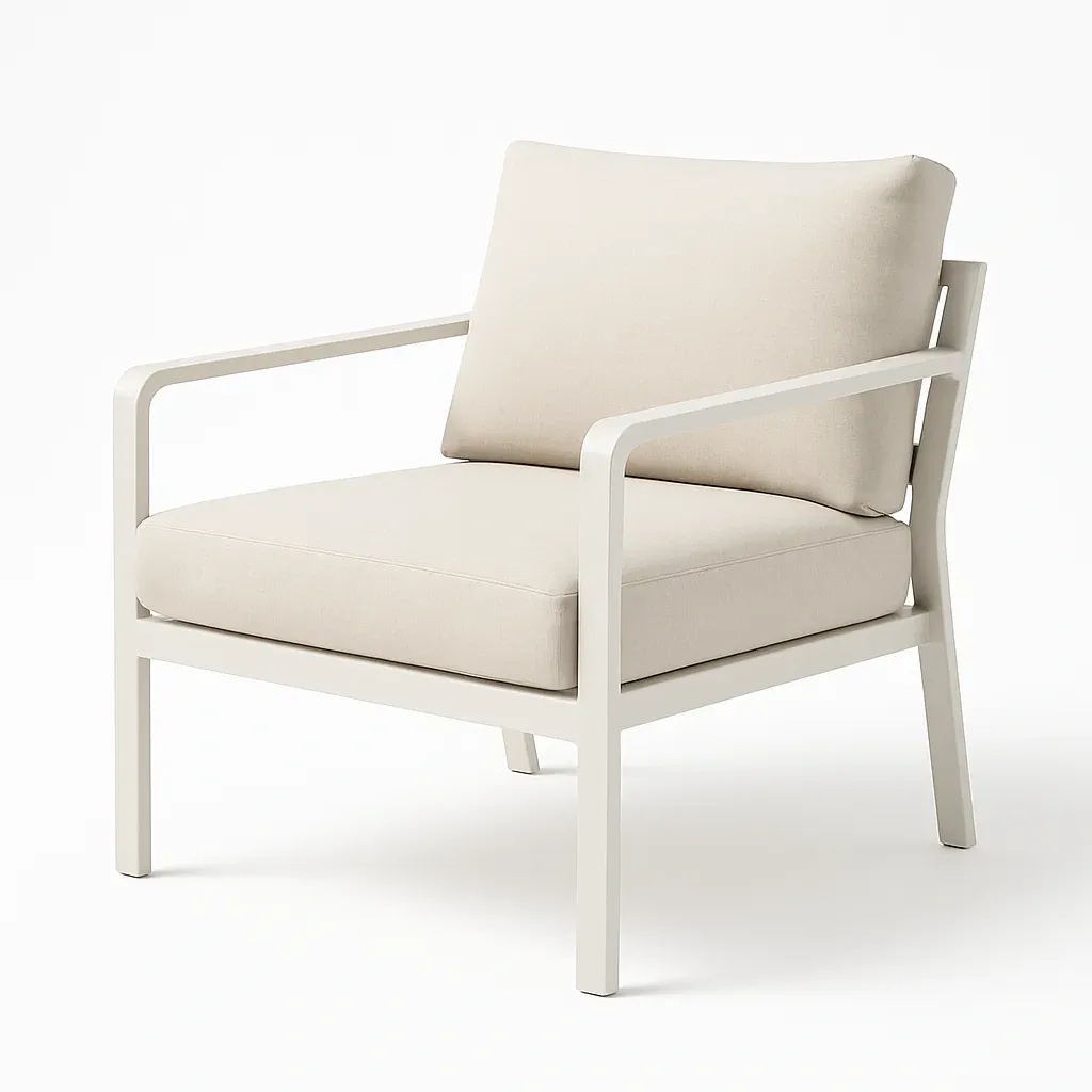 Poltrona in alluminio con cuscini in tessuto beige