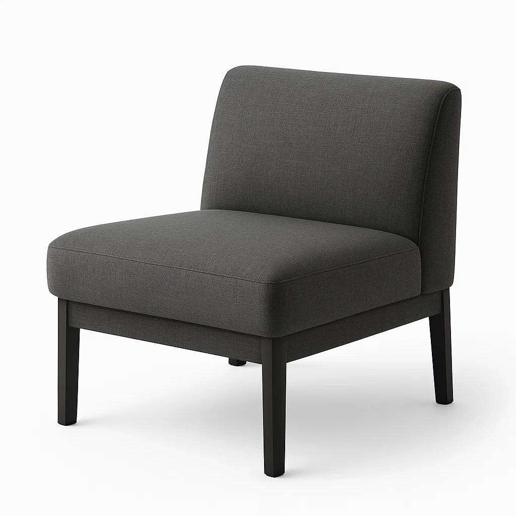 Poltrona in tessuto grigio scuro con struttura in legno