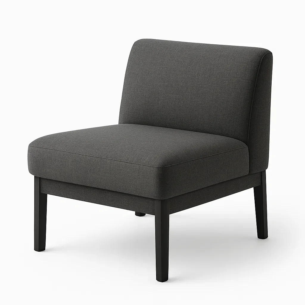 Poltrona in tessuto grigio scuro con struttura in legno