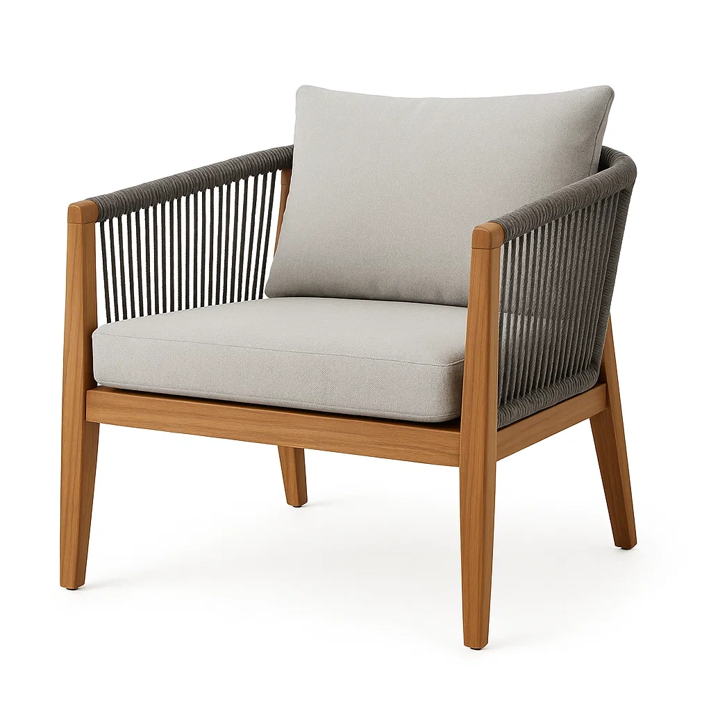 Poltrona in legno massello con corde e cuscino grigio