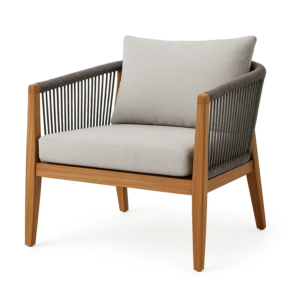 Poltrona in legno massello con corde e cuscino grigio