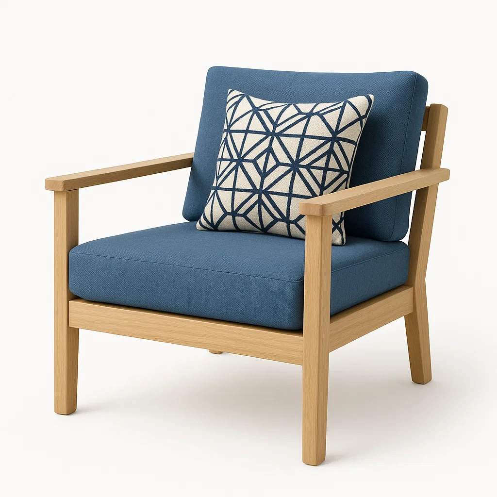 Poltrona in legno e tessuto blu con cuscino geometrico